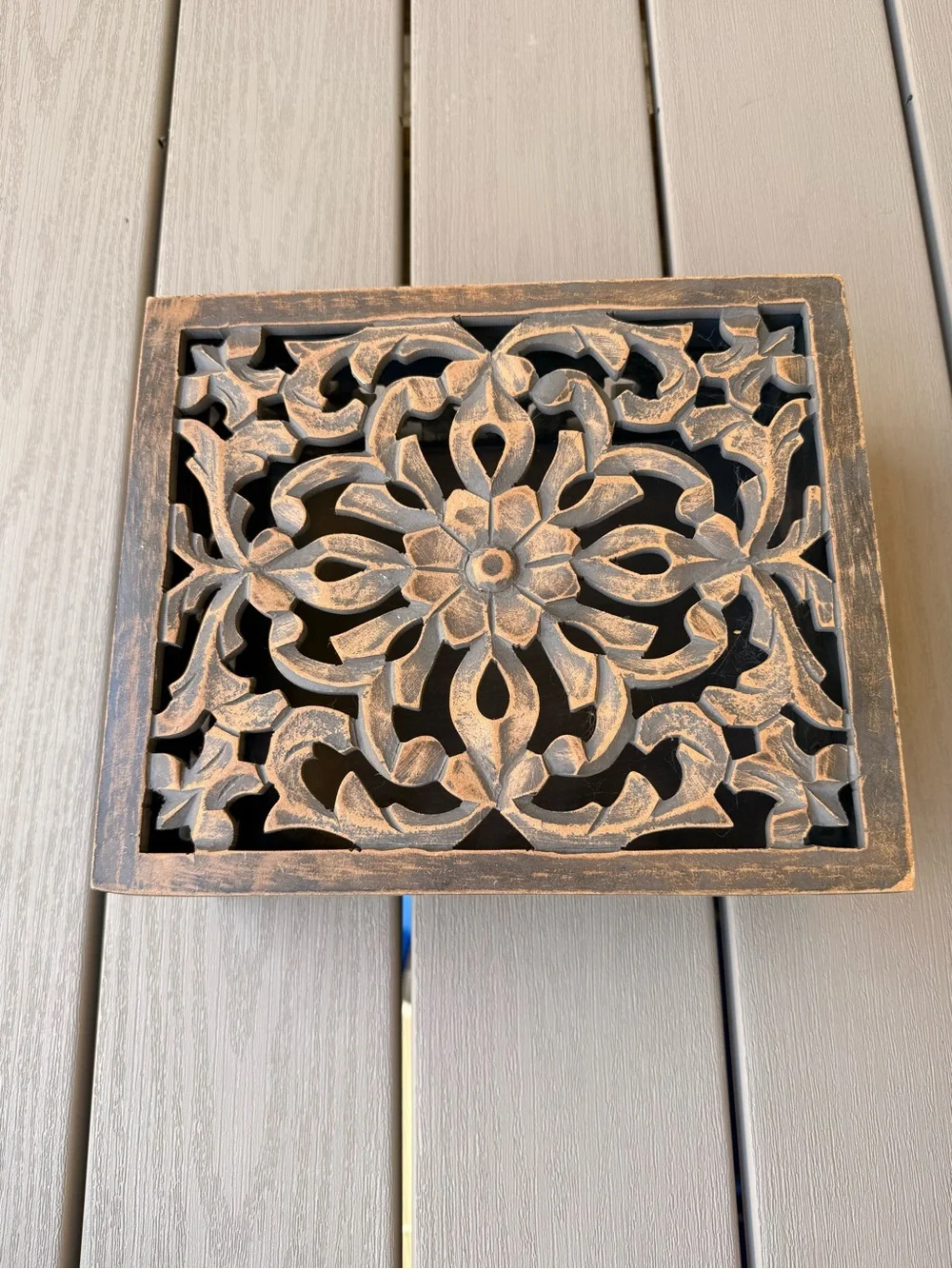 Carved Wood Floral Openwork Keepsake Jewelry Box Made in India